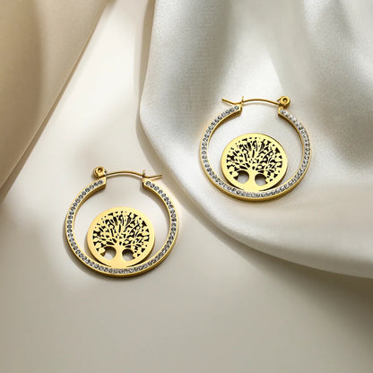 1 Pair Simple Style Classic Style Tree Plating Inlay Titanium Steel Zircon 18k Gold Plated Earrings