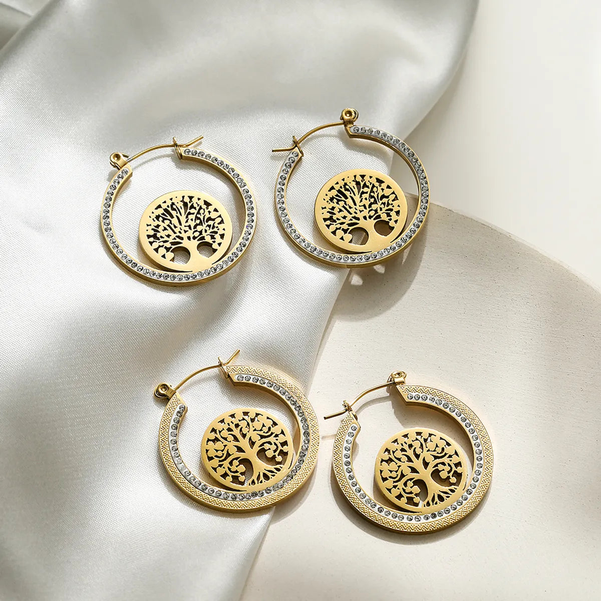 1 Pair Simple Style Classic Style Tree Plating Inlay Titanium Steel Zircon 18k Gold Plated Earrings