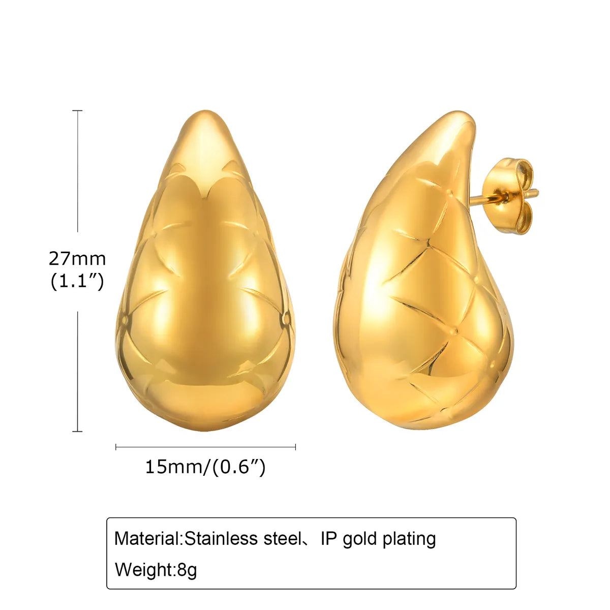 1 Pair Simple Style Classic Style Water Droplets Plating 201 Stainless Steel 18K Gold Plated Ear Studs