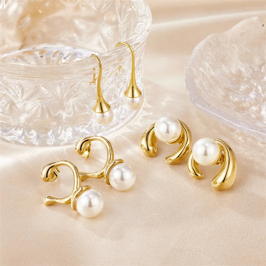 1 Pair Simple Style Classic Style Water Droplets Plating Stainless Steel Imitation Pearl 18k Gold Plated Earrings