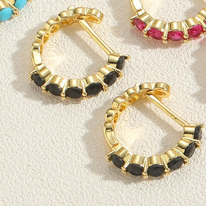 1 Pair Simple Style Color Block Plating Inlay Brass Zircon 14k Gold Plated Hoop Earrings