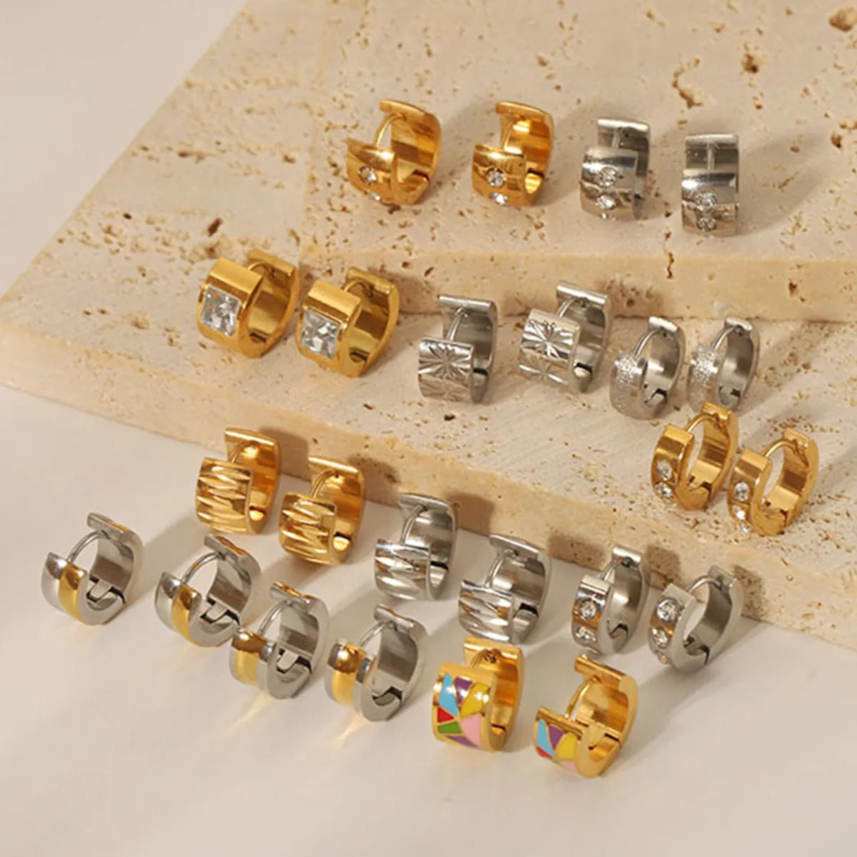 1 Pair Simple Style Color Block Plating Inlay Stainless Steel Rhinestones 18k Gold Plated Earrings