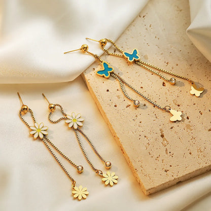 1 Pair Simple Style Commute Butterfly Daisy Plating Inlay Copper Zircon 18k Gold Plated Drop Earrings