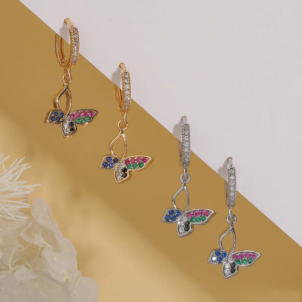 1 Pair Simple Style Commute Butterfly Plating Inlay Copper Zircon 18k Gold Plated Drop Earrings