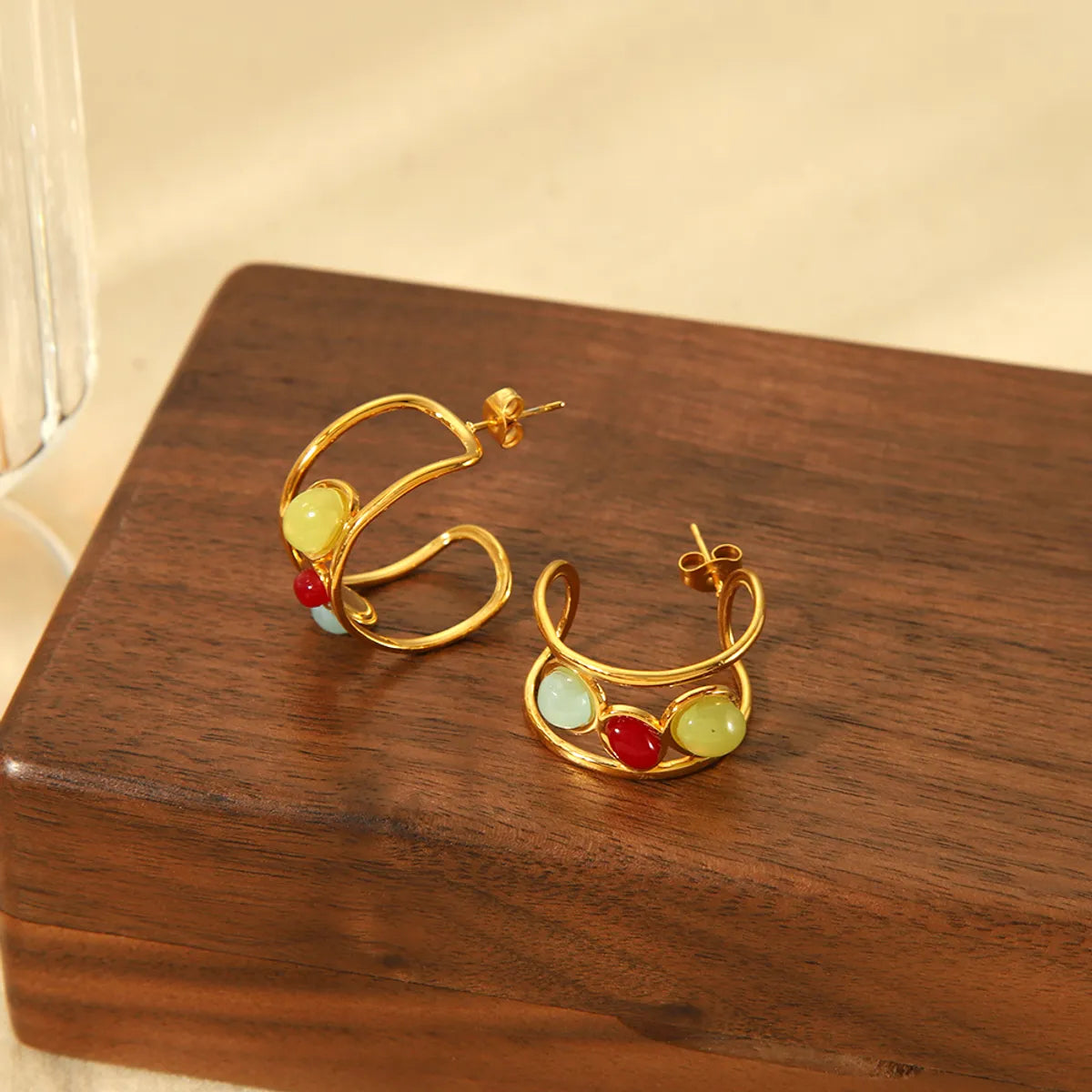 1 Pair Simple Style Commute C Shape Plating Inlay Stainless Steel Natural Stone 18k Gold Plated Earrings