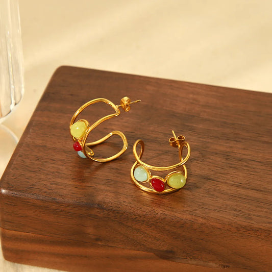 1 Pair Simple Style Commute C Shape Plating Inlay Stainless Steel Natural Stone 18k Gold Plated Earrings