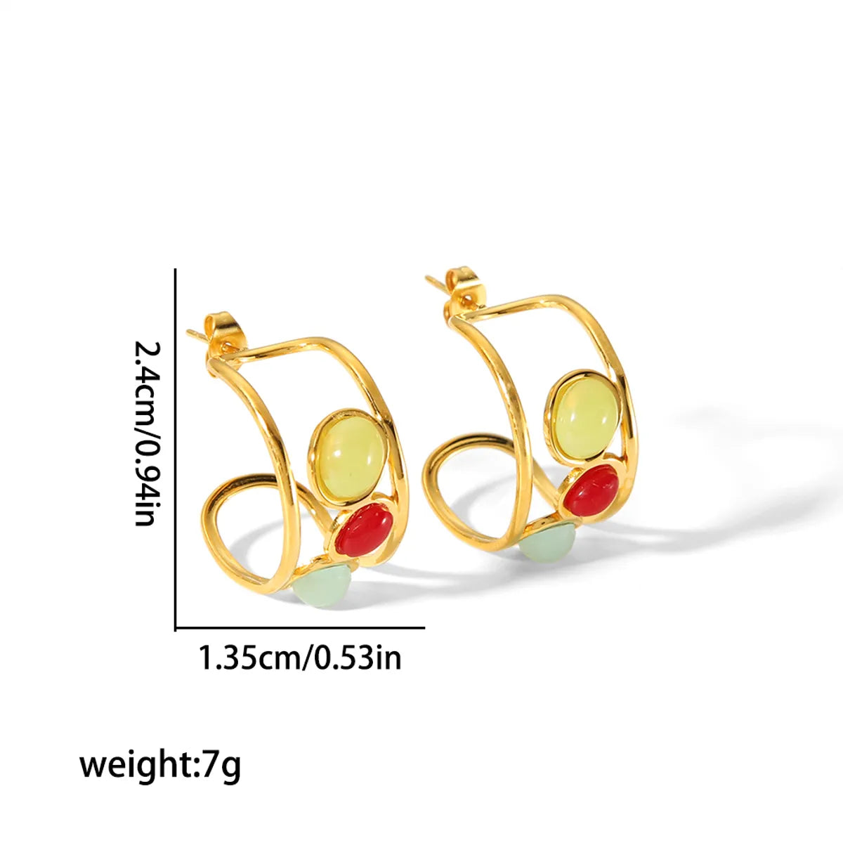 1 Pair Simple Style Commute C Shape Plating Inlay Stainless Steel Natural Stone 18k Gold Plated Earrings