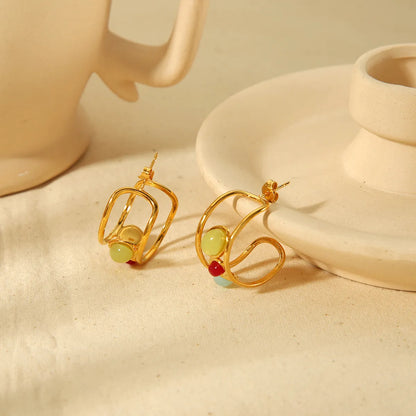 1 Pair Simple Style Commute C Shape Plating Inlay Stainless Steel Natural Stone 18k Gold Plated Earrings