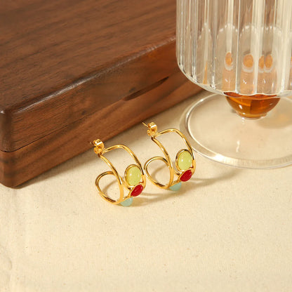 1 Pair Simple Style Commute C Shape Plating Inlay Stainless Steel Natural Stone 18k Gold Plated Earrings