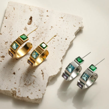 1 Pair Simple Style Commute C Shape Square Plating Inlay Titanium Steel Zircon 18k Gold Plated Earrings