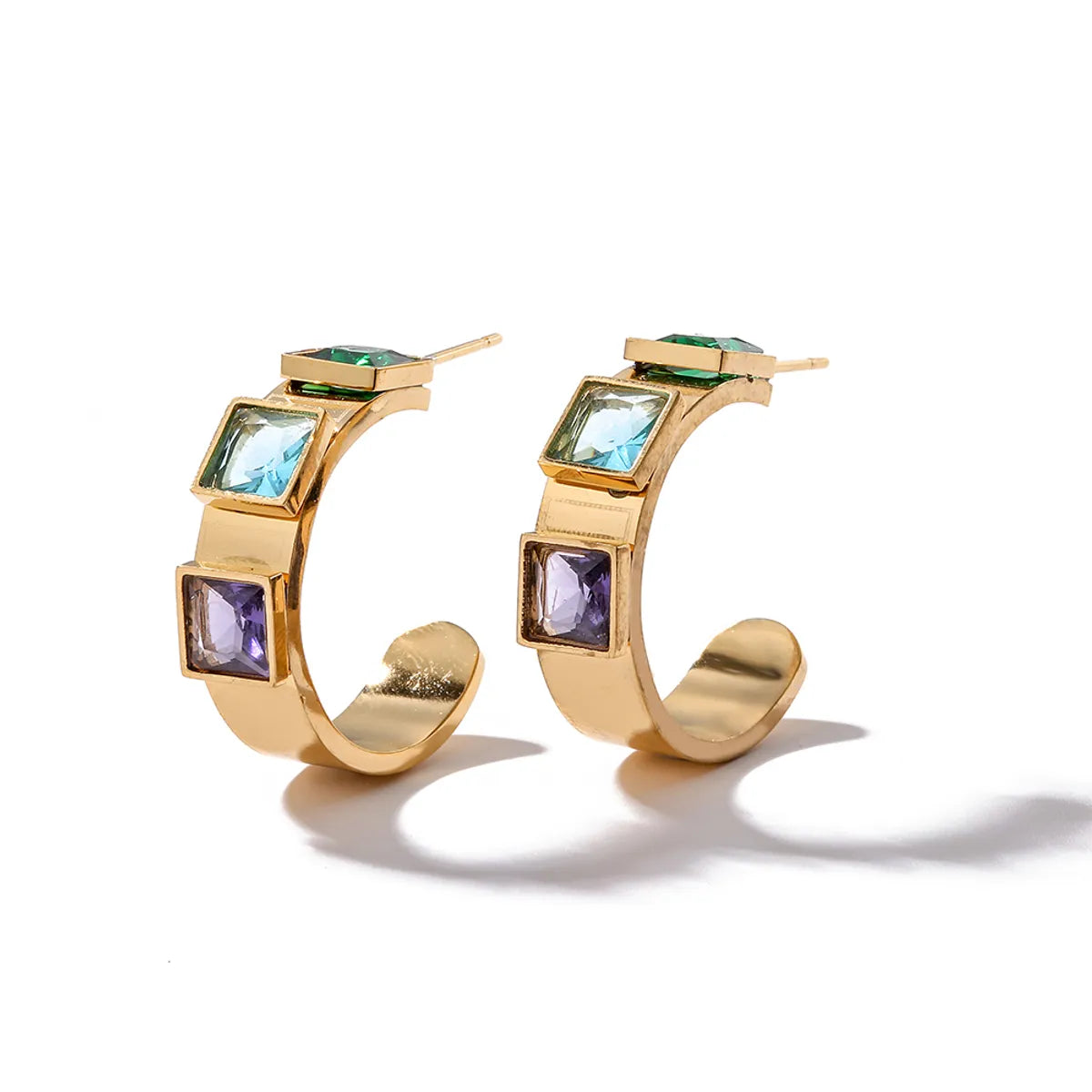 1 Pair Simple Style Commute C Shape Square Plating Inlay Titanium Steel Zircon 18k Gold Plated Earrings