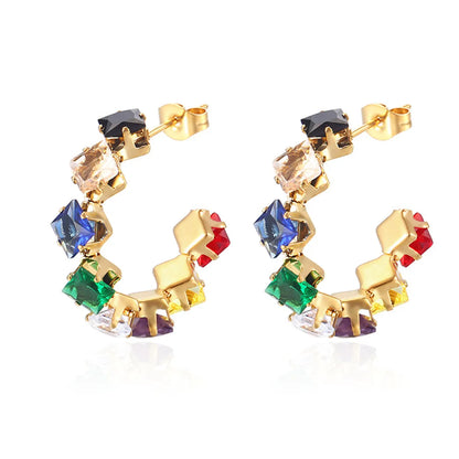 1 Pair Simple Style Commute Color Block Inlay 201 Stainless Steel Zircon 18K Gold Plated Earrings