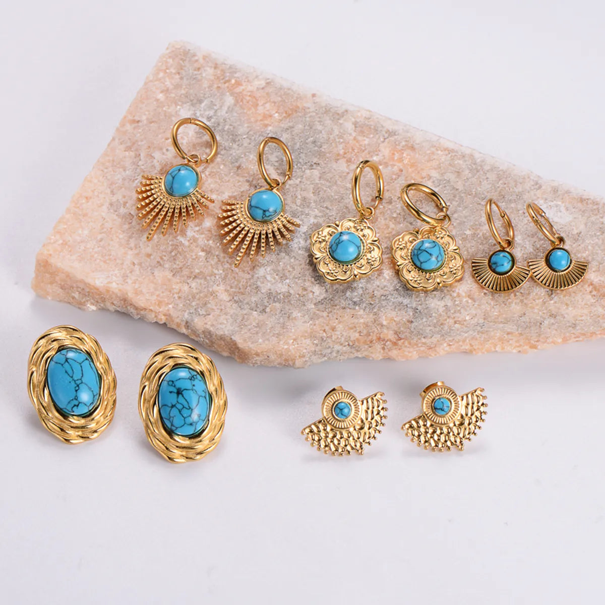 1 Pair Simple Style Commute Color Block Plating Inlay 304 Stainless Steel Turquoise Zircon 18K Gold Plated Ear Studs