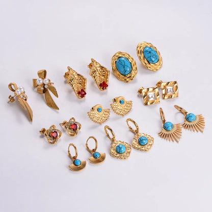 1 Pair Simple Style Commute Color Block Plating Inlay 304 Stainless Steel Turquoise Zircon 18K Gold Plated Ear Studs