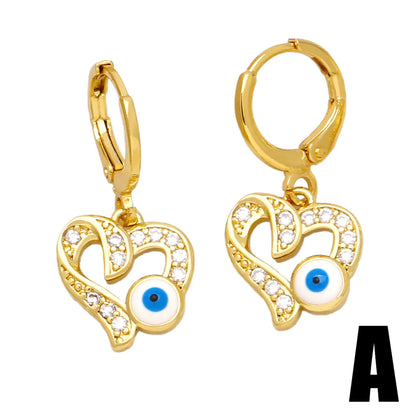 1 Pair Simple Style Commute Devil's Eye Heart Shape Butterfly Plating Inlay Copper Zircon 18k Gold Plated Drop Earrings