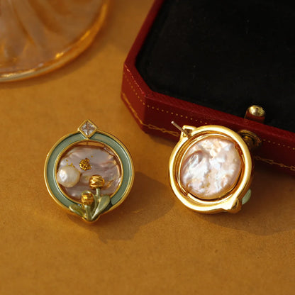 1 Pair Simple Style Commute Flower Plating Inlay Copper Freshwater Pearl Copper Zircon 18K Gold Plated Ear Studs