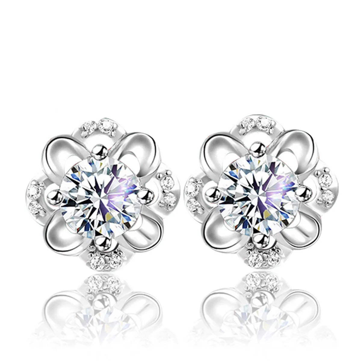 1 Pair Simple Style Commute Flower Plating Inlay Copper Zircon Silver Plated Ear Studs