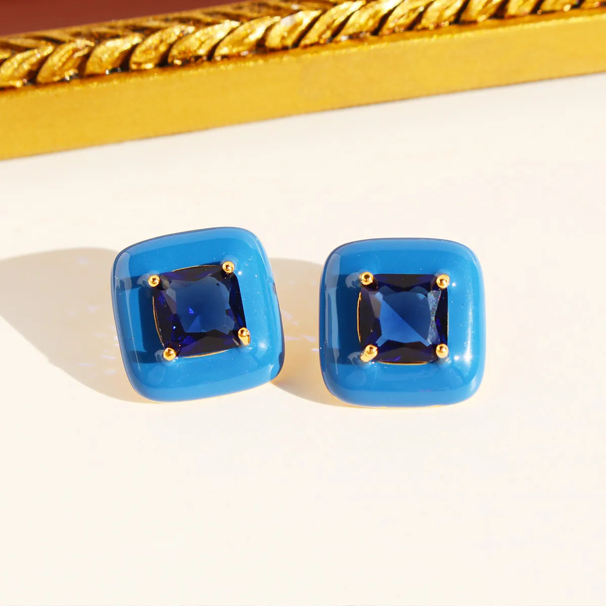 1 Pair Simple Style Commute Geometric Sun Inlay Handmade Enamel Brass Zircon 24K Gold Plated Ear Studs