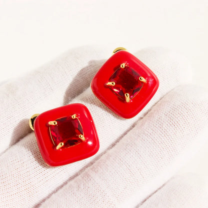 1 Pair Simple Style Commute Geometric Sun Inlay Handmade Enamel Brass Zircon 24K Gold Plated Ear Studs