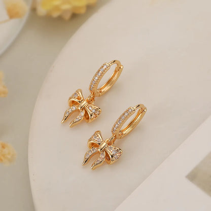 1 Pair Simple Style Commute Heart Shape Bow Knot Plating Inlay Copper Zircon 18k Gold Plated Earrings