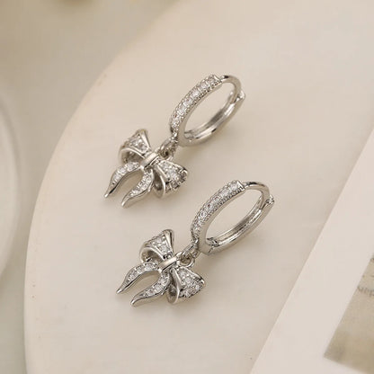 1 Pair Simple Style Commute Heart Shape Bow Knot Plating Inlay Copper Zircon 18k Gold Plated Earrings