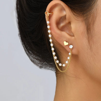 1 Pair Simple Style Commute Heart Shape Butterfly Asymmetrical Chain Inlay Copper Zircon Ear Cuffs Ear Studs