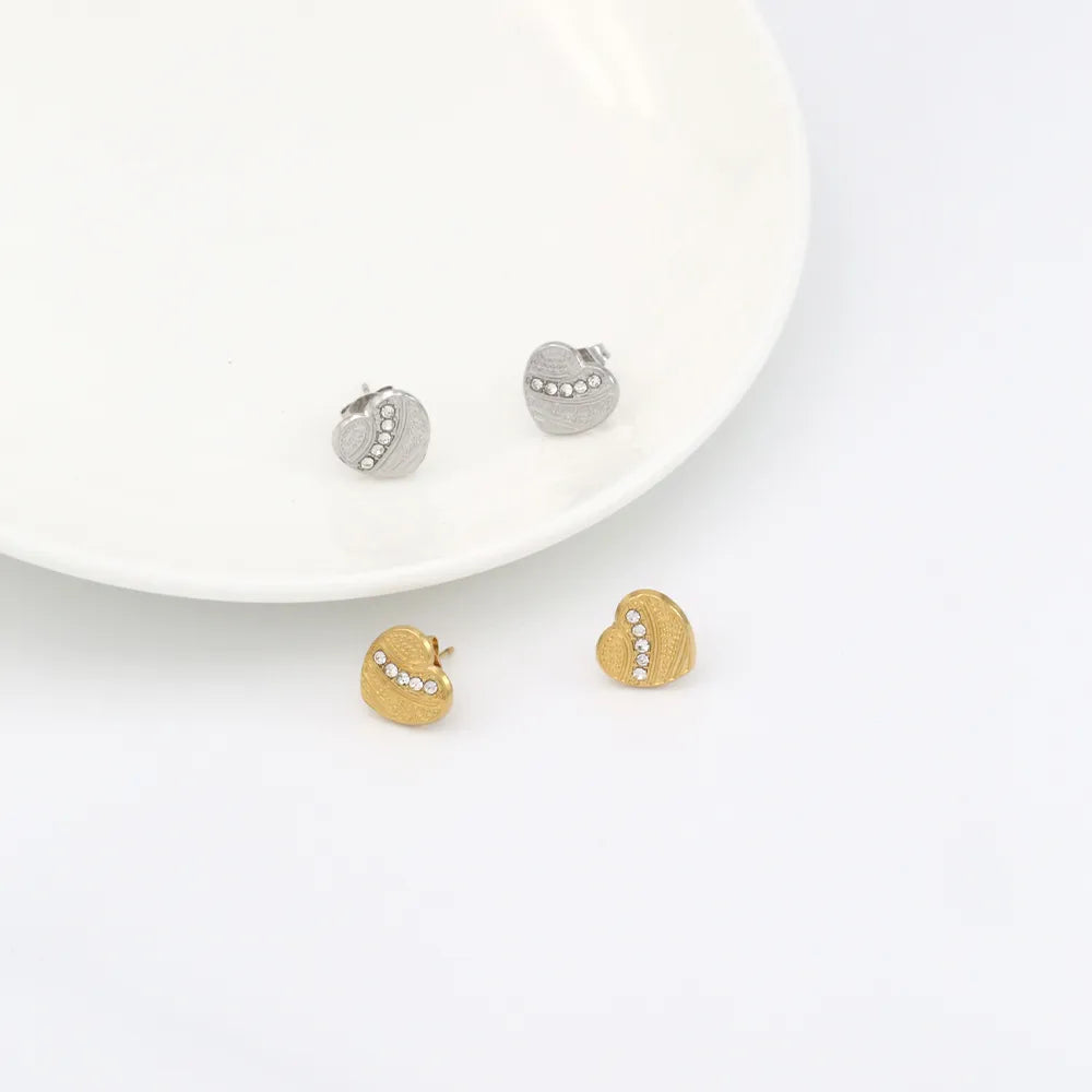 1 Pair Simple Style Commute Heart Shape Inlay 304 Stainless Steel Zircon 18K Gold Plated Ear Studs