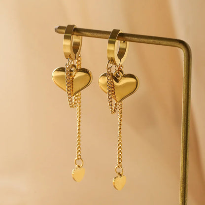 1 Pair Simple Style Commute Heart Shape Plating Inlay Titanium Steel Zircon 18k Gold Plated Drop Earrings