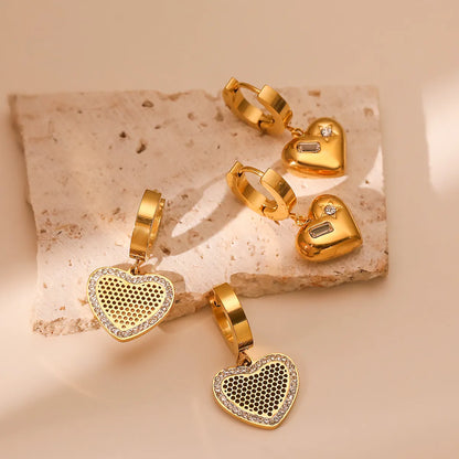 1 Pair Simple Style Commute Heart Shape Plating Inlay Titanium Steel Zircon 18k Gold Plated Drop Earrings