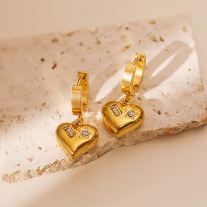 1 Pair Simple Style Commute Heart Shape Plating Inlay Titanium Steel Zircon 18k Gold Plated Drop Earrings