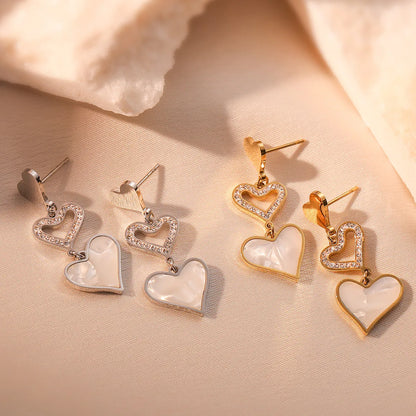 1 Pair Simple Style Commute Heart Shape Plating Inlay Titanium Steel Zircon 18k Gold Plated Drop Earrings