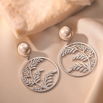 1 Pair Simple Style Commute Leaves Plating Inlay Titanium Steel Pearl 18k Gold Plated Drop Earrings