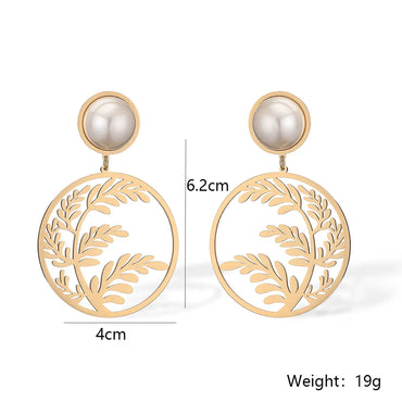 1 Pair Simple Style Commute Leaves Plating Inlay Titanium Steel Pearl 18k Gold Plated Drop Earrings