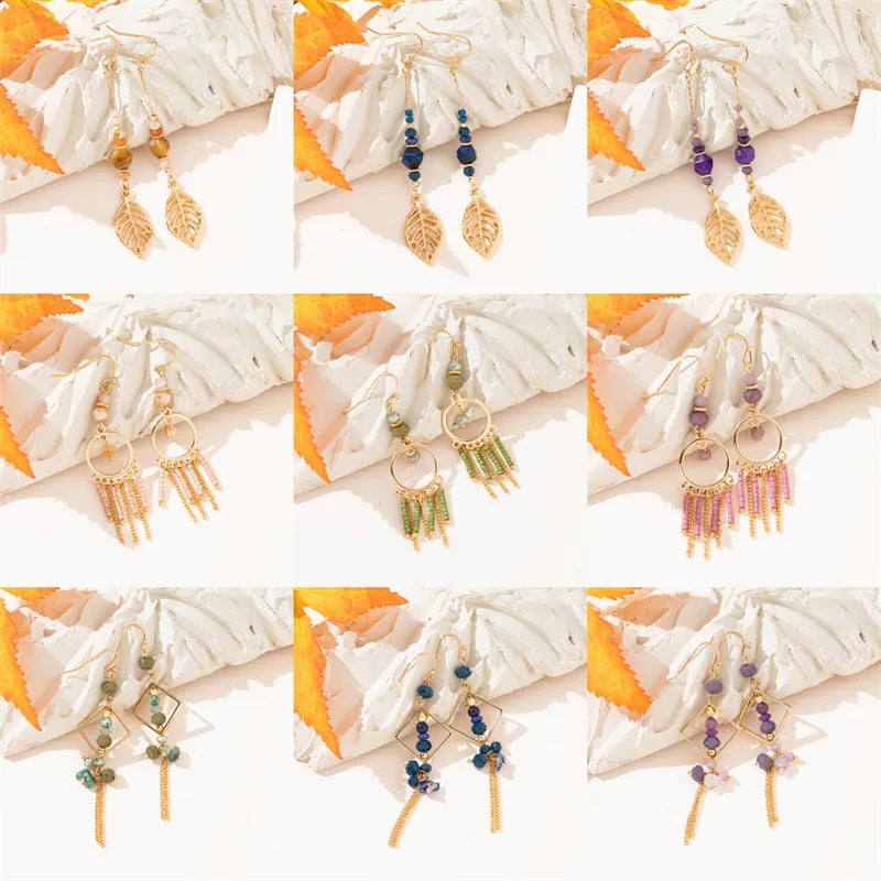 1 Pair Simple Style Commute Leaves Tassel Beaded Inlay Alloy Artificial Crystal Drop Earrings