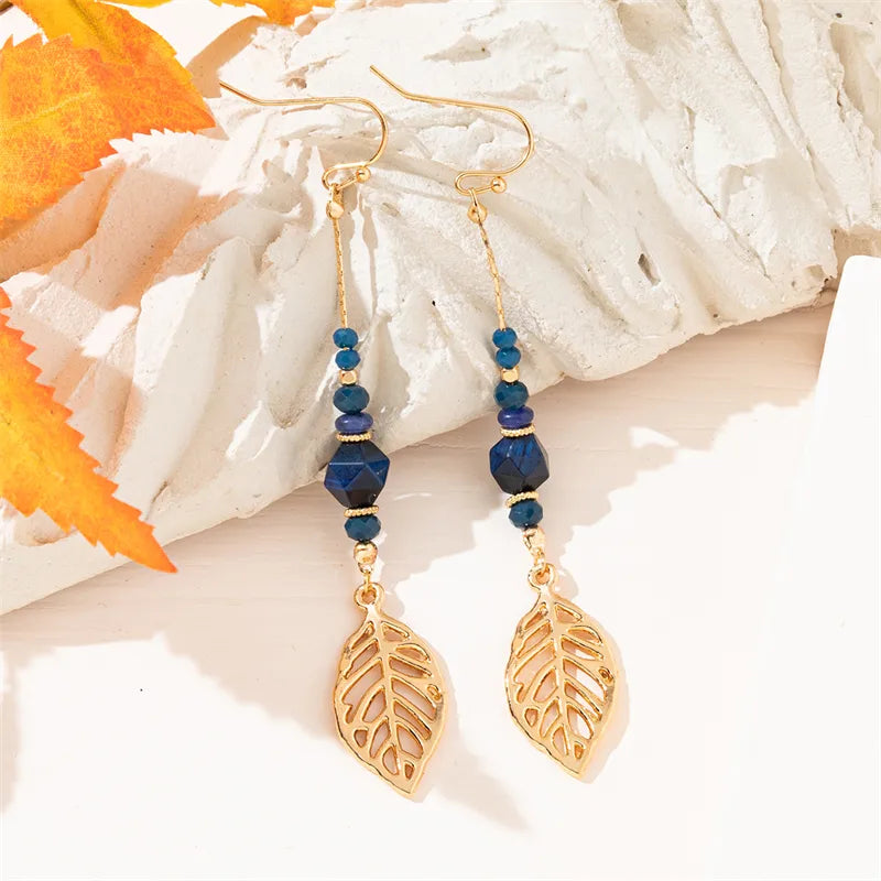 1 Pair Simple Style Commute Leaves Tassel Beaded Inlay Alloy Artificial Crystal Drop Earrings