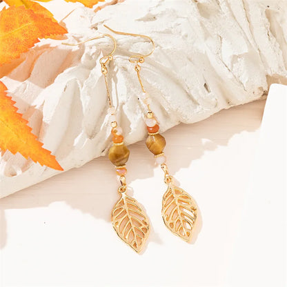 1 Pair Simple Style Commute Leaves Tassel Beaded Inlay Alloy Artificial Crystal Drop Earrings