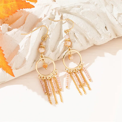 1 Pair Simple Style Commute Leaves Tassel Beaded Inlay Alloy Artificial Crystal Drop Earrings