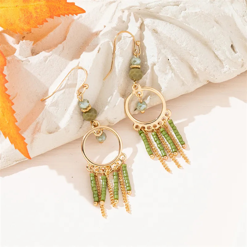 1 Pair Simple Style Commute Leaves Tassel Beaded Inlay Alloy Artificial Crystal Drop Earrings