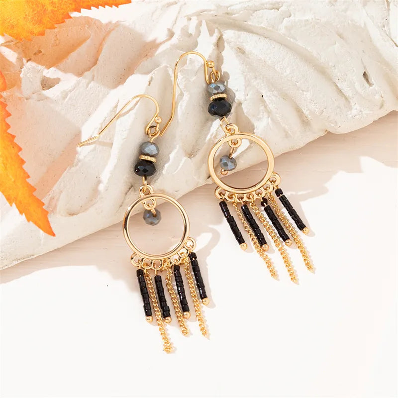 1 Pair Simple Style Commute Leaves Tassel Beaded Inlay Alloy Artificial Crystal Drop Earrings