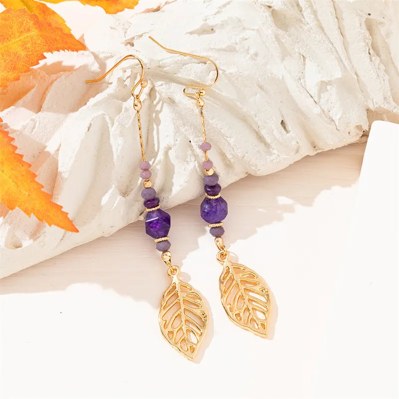 1 Pair Simple Style Commute Leaves Tassel Beaded Inlay Alloy Artificial Crystal Drop Earrings