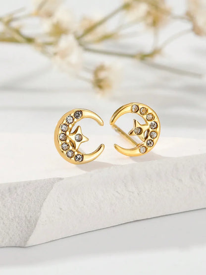 1 Pair Simple Style Commute Moon Plating Inlay Stainless Steel Zircon 18k Gold Plated Ear Studs