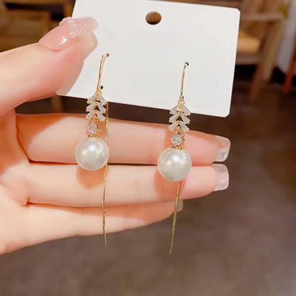 1 Pair Simple Style Commute Round Plating Inlay Copper Artificial Pearls Rhinestones 14k Gold Plated Dangling Earrings