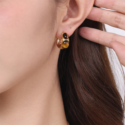 1 Pair Simple Style Commute Round Plating Inlay Stainless Steel Natural Stone 18k Gold Plated Ear Studs