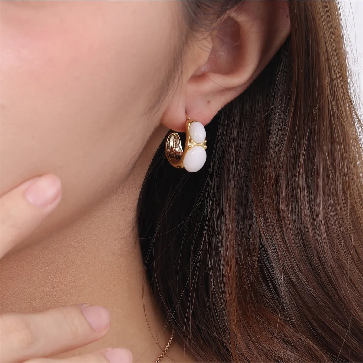 1 Pair Simple Style Commute Round Plating Inlay Stainless Steel Natural Stone 18k Gold Plated Ear Studs