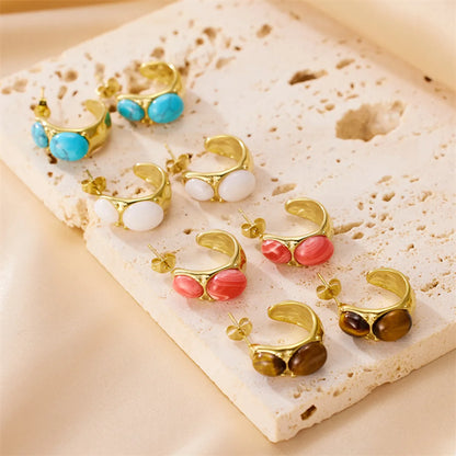 1 Pair Simple Style Commute Round Plating Inlay Stainless Steel Natural Stone 18k Gold Plated Ear Studs