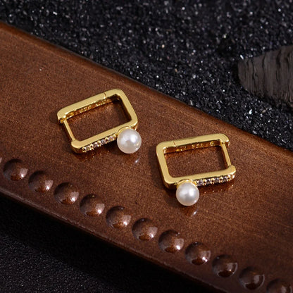 1 Pair Simple Style Commute Square Inlay Copper Pearl Zircon Gold Plated Earrings