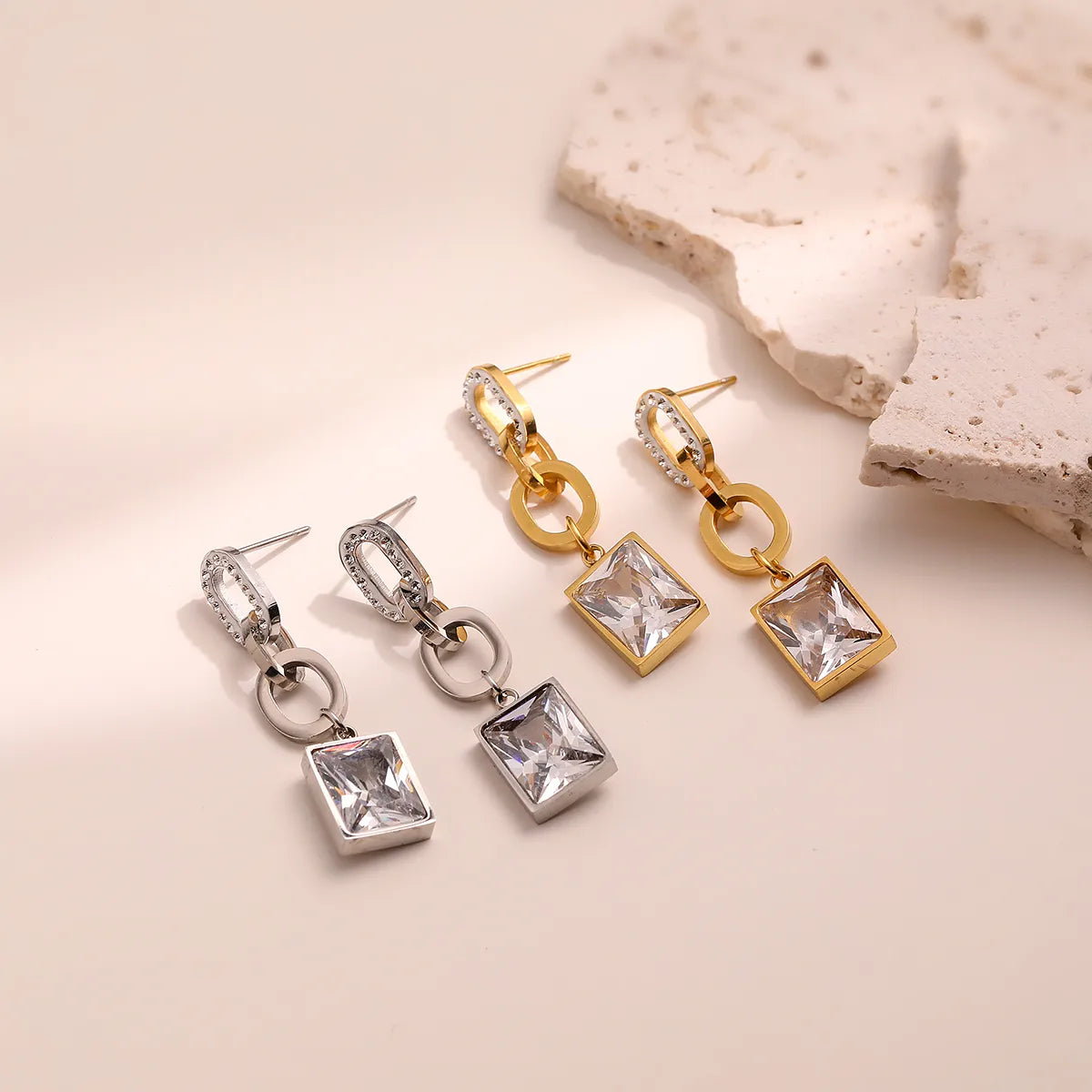 1 Pair Simple Style Commute Square Plating Inlay 304 Stainless Steel Zircon 18K Gold Plated Drop Earrings