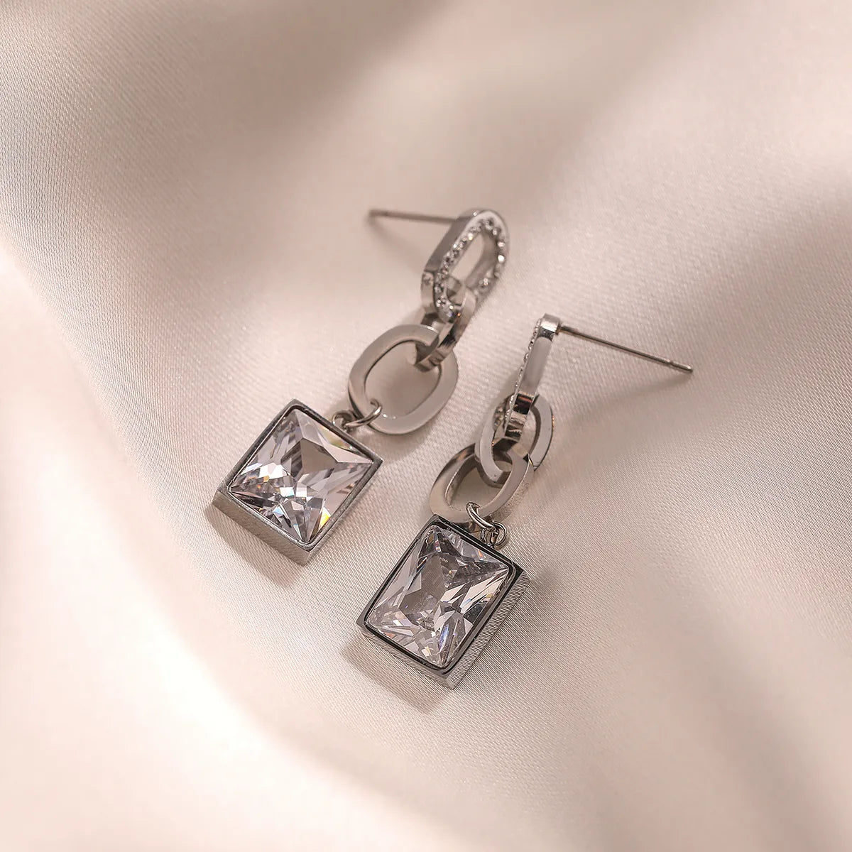 1 Pair Simple Style Commute Square Plating Inlay 304 Stainless Steel Zircon 18K Gold Plated Drop Earrings