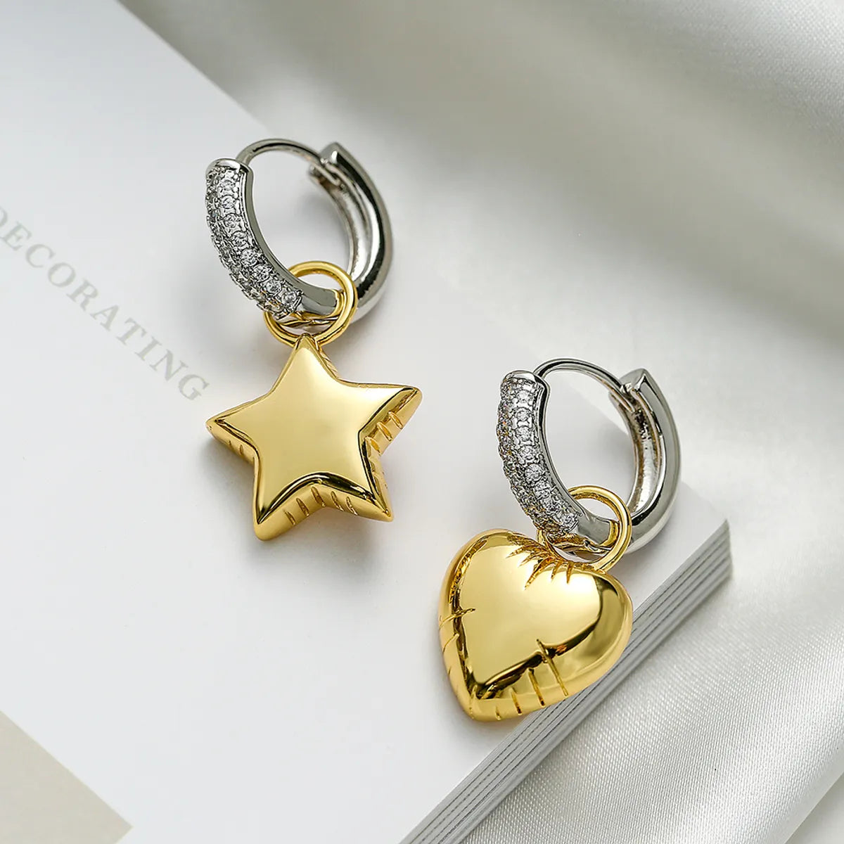 1 Pair Simple Style Commute Star Heart Shape Enamel Plating Inlay Copper Zircon 18k Gold Plated Drop Earrings