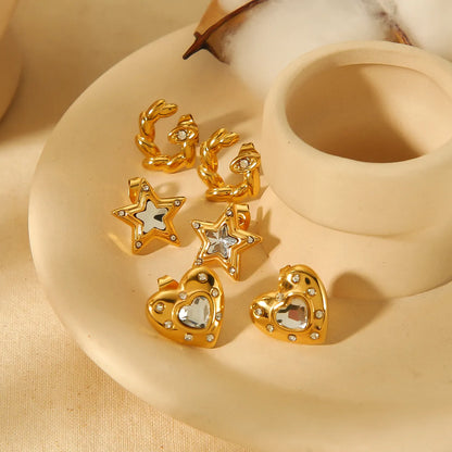 1 Pair Simple Style Commute Star Heart Shape Polishing Plating Inlay Stainless Steel Zircon 18k Gold Plated Ear Studs